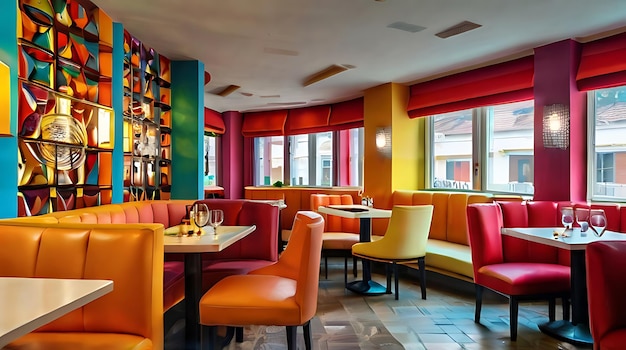 a restaurant with a yellow and red chair and a red chair