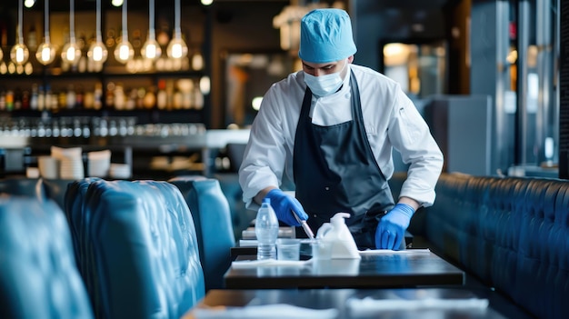 Photo restaurant worker cleaning and sanitizing the dining area