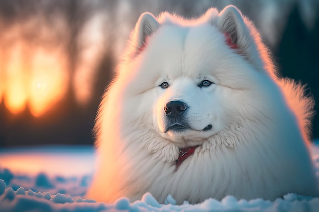 Resting cute white samoyed dog lying on the snow Generative AI