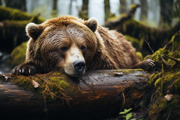 Resting in the forest is a brown bear Generative AI