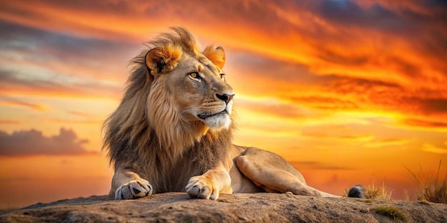 Resting lion basking in the African sunset from a worm39s eye view