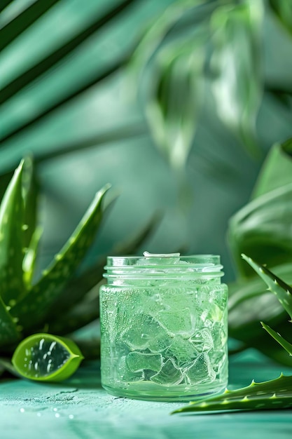 Restore and replenish sunstressed skin aloe vera gel jar nestled amidst lush greenery evokes a sense of revitalization powerfully conveys the product39s soothing and restorative benefits