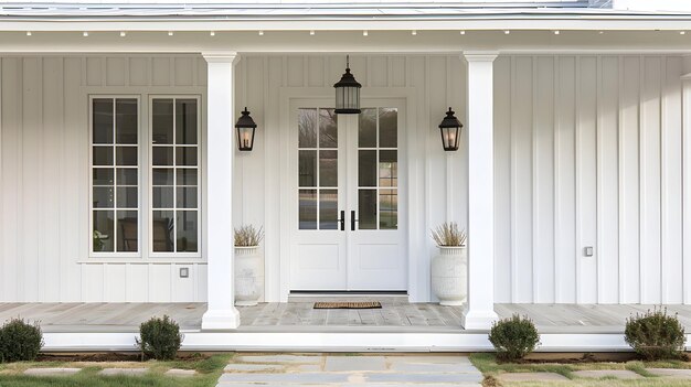 Photo restored house with grey arch door vintage lanterns roses and cobblestone path