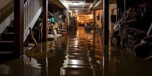 Photo restoring a flooded basement from snowmelt or pipe burst for home restoration concept flooded basement snowmelt damage pipe burst cleanup home restoration water damage recovery