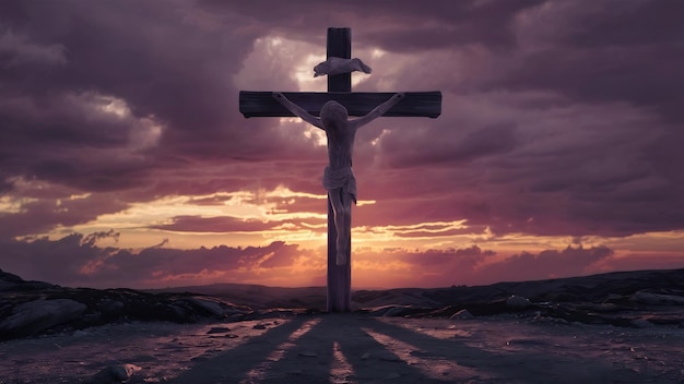 Resurrection concept crucifixion of jesus christ cross at sunset