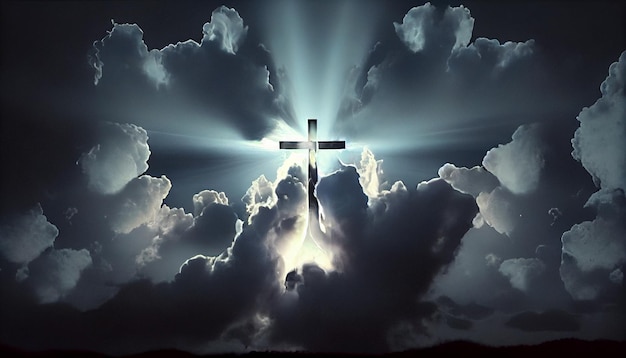 Resurrection Light Cross Shape In Clouds Risen Jesus Ascends to Heaven Scene