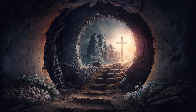 Resurrection light in an empty tomb with a crucifix at dawn Generative AI