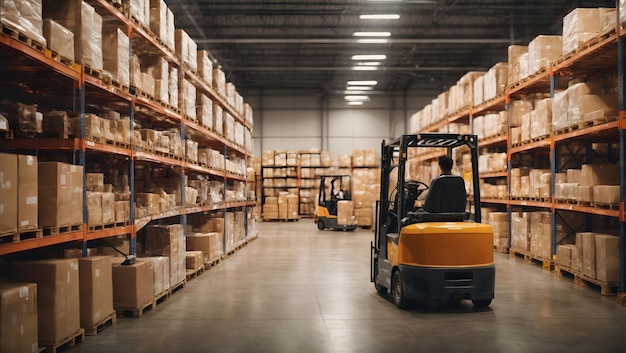 retail warehouse filled with boxes logistics atmosphere forklifts distribution area