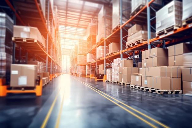 Retail warehouse full of shelves with goods in cartons with pallets and forklifts