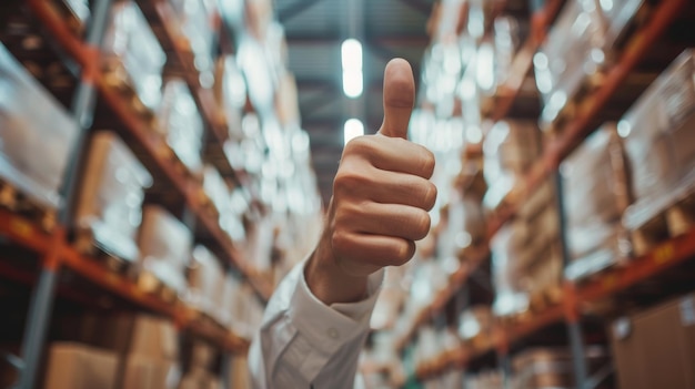 Photo retail warehouse manager showing thumbs up for efficient inventory management and organization