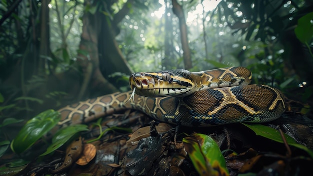 Photo reticulated python in southeast asian forest