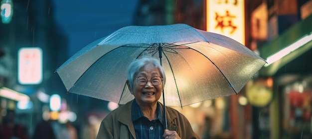 Retired asian woman in the rain at night Generative AI illustration