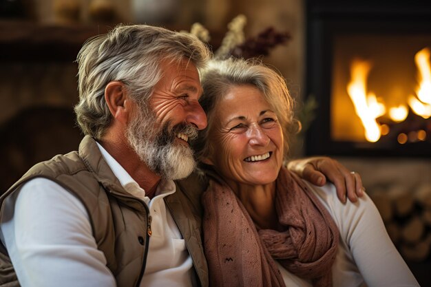 Retired couple enjoying a cozy fireplace at home AI Generated