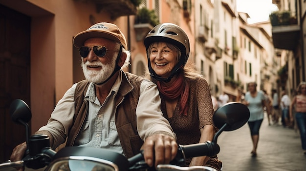 retired couple on scooter happy seniors on holidays Generative AI