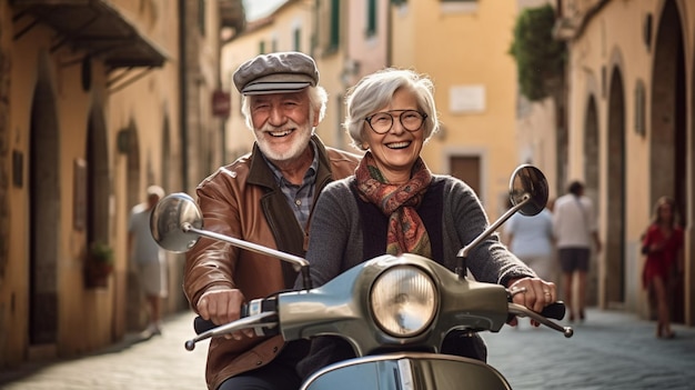 retired couple on scooter happy seniors on holidays Generative AI