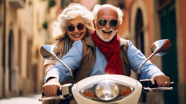 Retired couple on scooter in italy