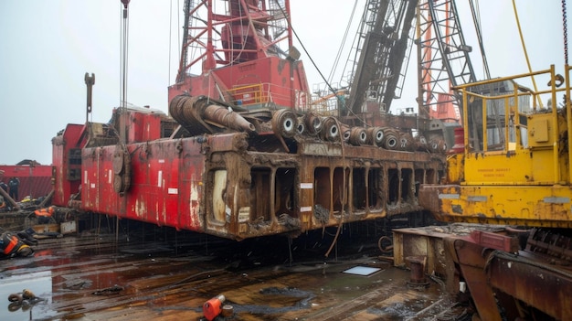 A retired drilling platform is shown being taken apart piece by piece with parts being labeled for