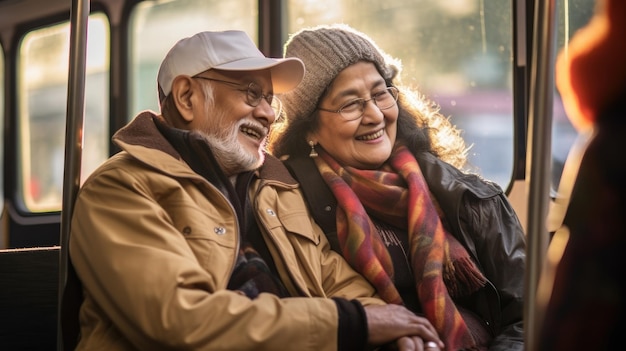 Retired elderly couple using public transport