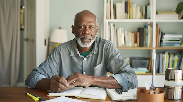 Retired man calculating his expenses with financial paperwork realistic photo commercial photography