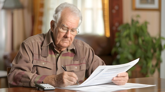 Retired man calculating his expenses with financial paperwork realistic photo commercial photography