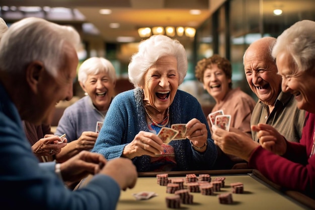 Retired multiethnic people playing cards together at home Happy senior friends with african couple playing cards Cheerful active seniors playing game at lunch table Generative AI