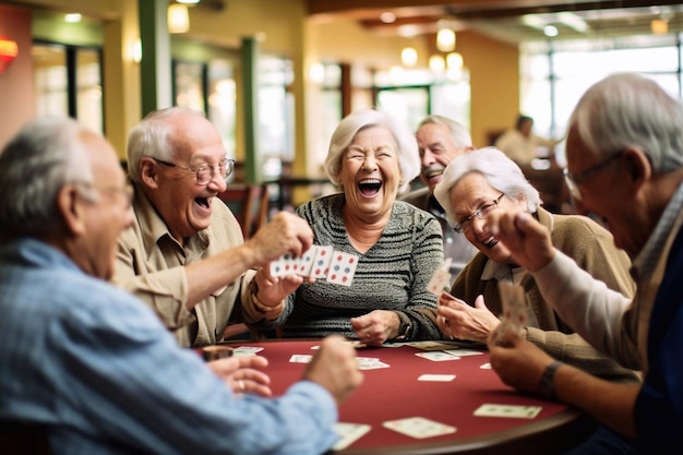 Retired multiethnic people playing cards together at home Happy senior friends with african couple playing cards Cheerful active seniors playing game at lunch table Generative AI