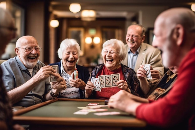 Retired multiethnic people playing cards together at home Happy senior friends with african couple playing cards Cheerful active seniors playing game at lunch table Generative AI