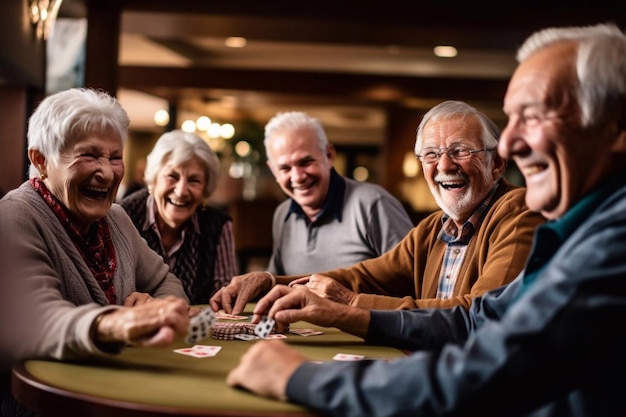 Retired multiethnic people playing cards together at home Happy senior friends with african couple playing cards Cheerful active seniors playing game at lunch table Generative AI