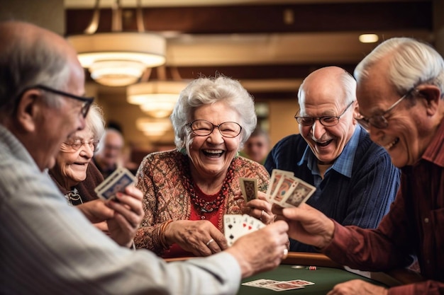 Retired multiethnic people playing cards together at home Happy senior friends with african couple playing cards Cheerful active seniors playing game at lunch table Generative AI