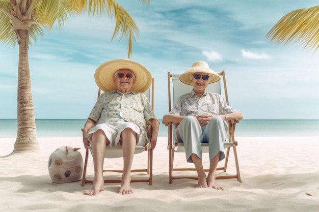 Retired traveling couple resting on sun loungers during beach vacations created with Generative AI