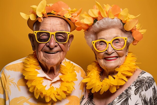 Retirees on vacation Retirees wearing sunglasses and Hawaiian wreaths around their necks on a yellow background