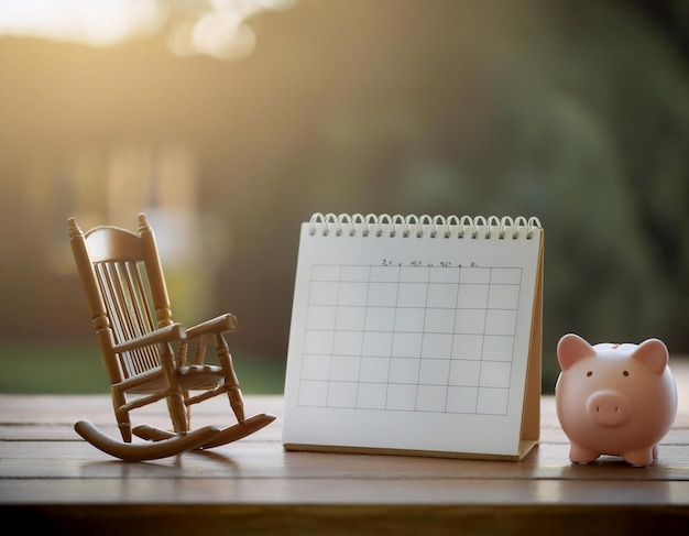 Retirement and financial planning featuring symbols like a rocking chair piggy bank and calendar symbolizing savings future planning and a relaxed lifestyle