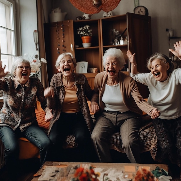 Retirement funny and a group of senior friends laughing while playing games together in the living room of a home Happy fun or bonding with a mature woman enjoying ai generated comedy or laughter