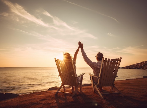 Retirement Vacation Concept Happy Mature Retired Couple Enjoying Beautiful Sunset at the Beach