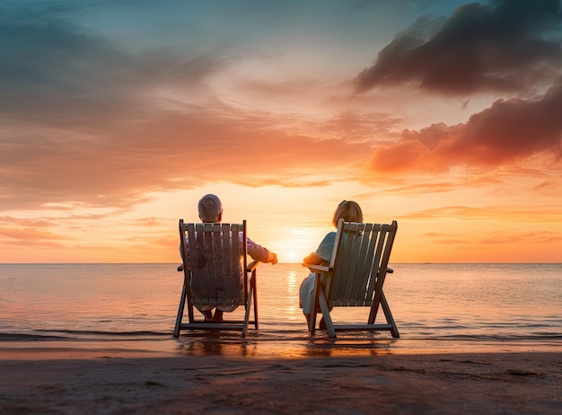 Retirement Vacation Concept Happy Mature Retired Couple Enjoying Beautiful Sunset at the Beach