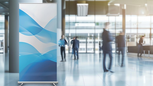 Photo a retractable banner stand with a blue abstract design in a modern office lobby