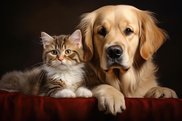 Retriever dog with a cat Beautiful lovely pets Generative AI