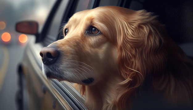 Retriever looking out the window of a car driving through the city by Generative AI