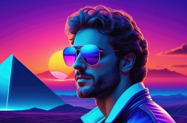 Retro 1980s illustration of sunset with stylish man in sunglasses 3D virtual reality landscape