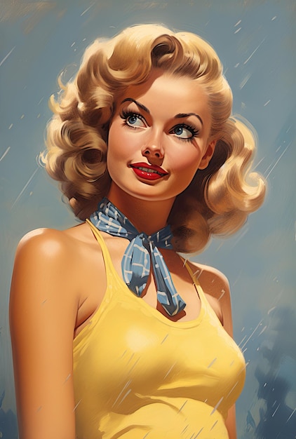 retro 50's style girl who likes light yellow and glamorous blue pinups