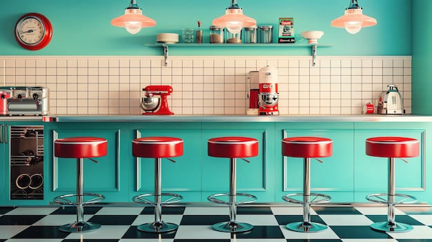 Photo retro 50s diner interior with red bar stools turquoise counter and black and white checkered floor