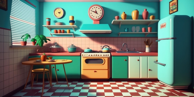 Retro 70's kitchen interior with pop art colors antique kitchen digital illustration AI