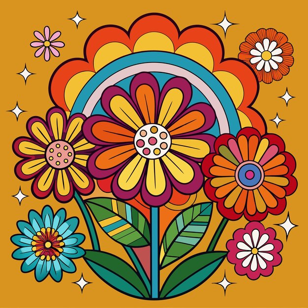 Photo retro 70s psychedelic hippie flowers illustration for tshirt or poster