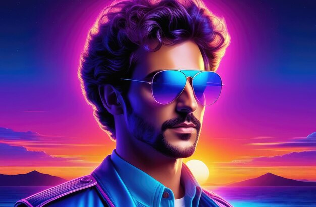 Retro 80s landscape in 1980s style 3D virtual reality sunset with stylish man in sunglasses