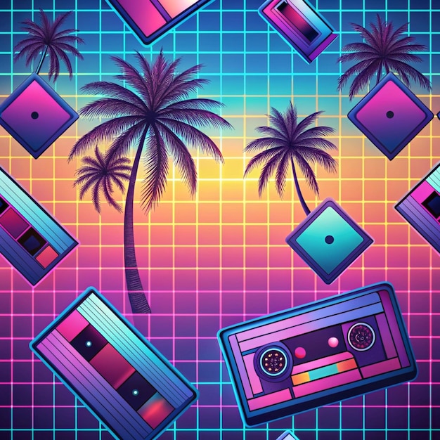 Photo retro 80s neon background grid patterns palm trees geometric shapes cassette tapes