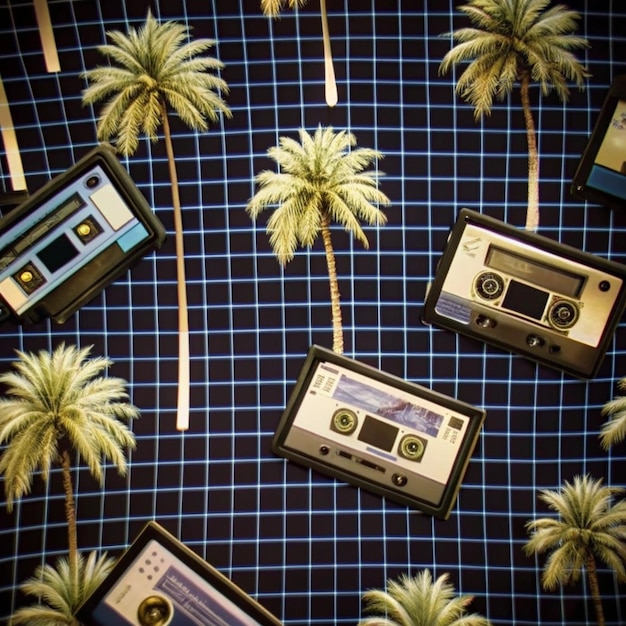 Photo retro 80s neon background grid patterns palm trees geometric shapes cassette tapes