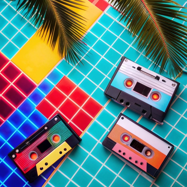 Photo retro 80s neon background grid patterns palm trees geometric shapes cassette tapes