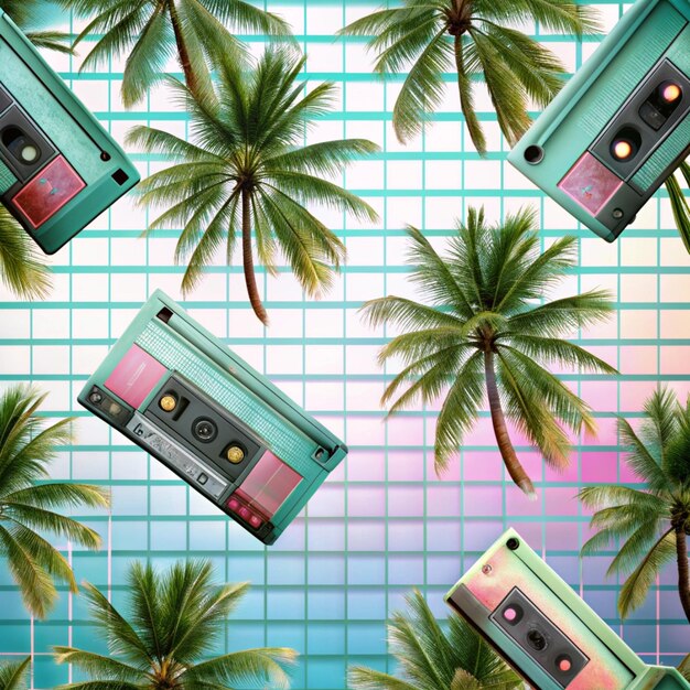 Retro 80s Neon Background Grid Patterns Palm Trees Geometric Shapes Cassette Tapes