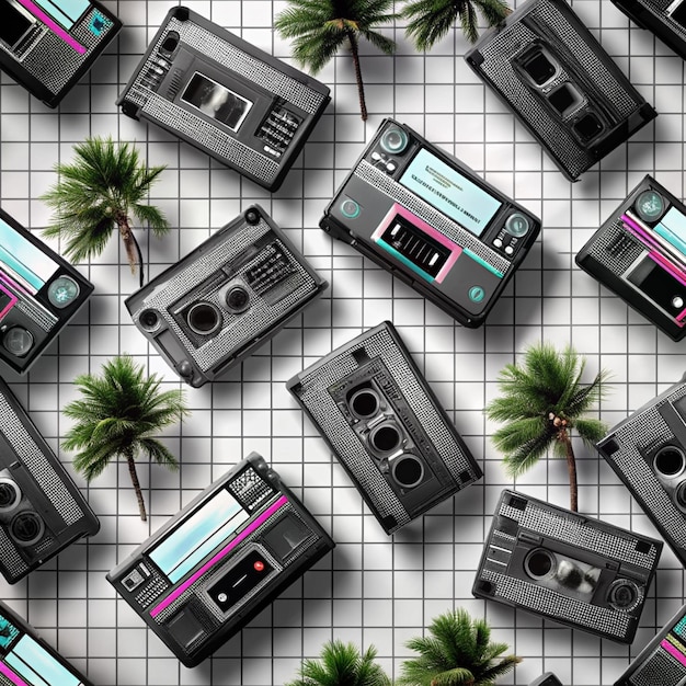 Retro 80s Neon Background Grid Patterns Palm Trees Geometric Shapes Cassette Tapes