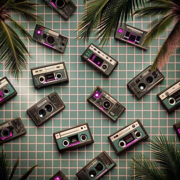 Photo retro 80s neon background grid patterns palm trees geometric shapes cassette tapes